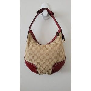 +SOLD* Gucci Princy Women's Tan Monogram GG Canvas Red Leather Trim Hobo Handbag